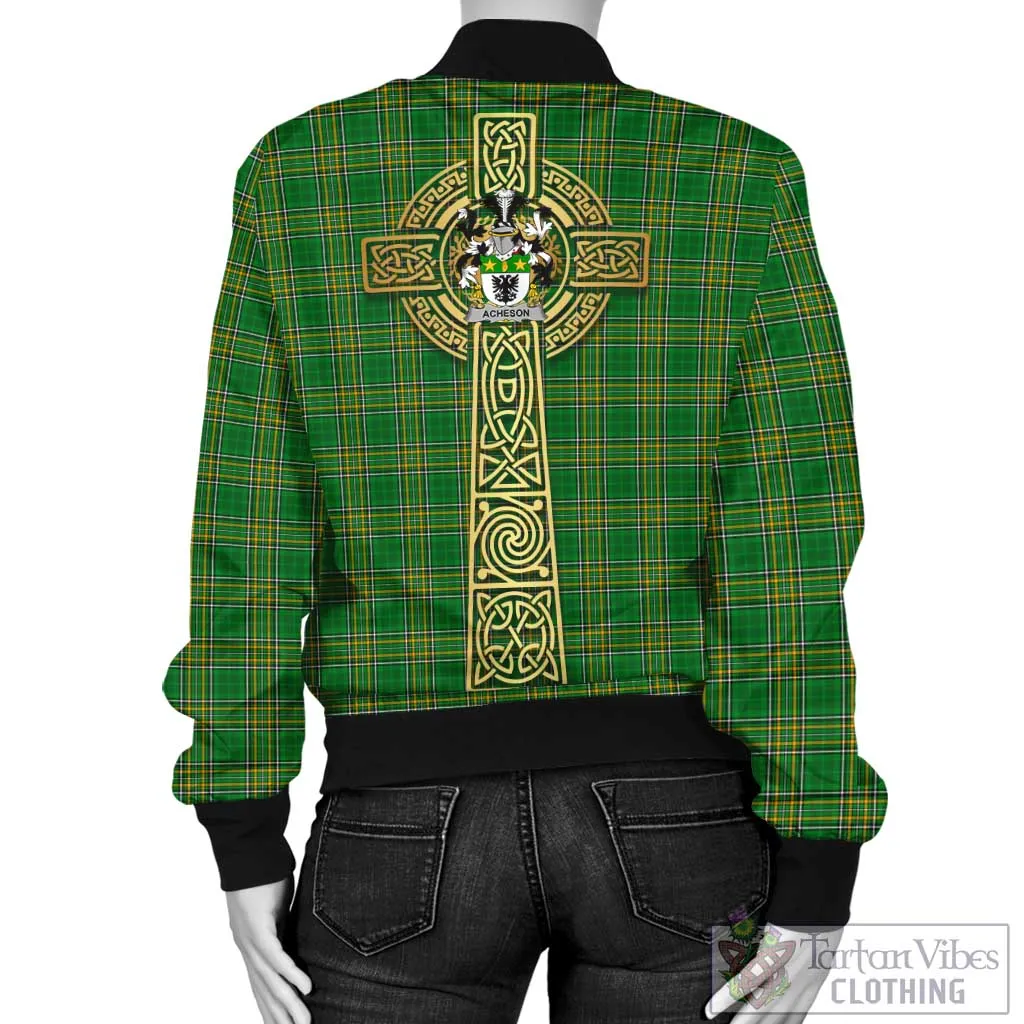 Acheson Irish Clan Tartan Bomber Jacket with Coat of Arms Celtic Tree of Life Style