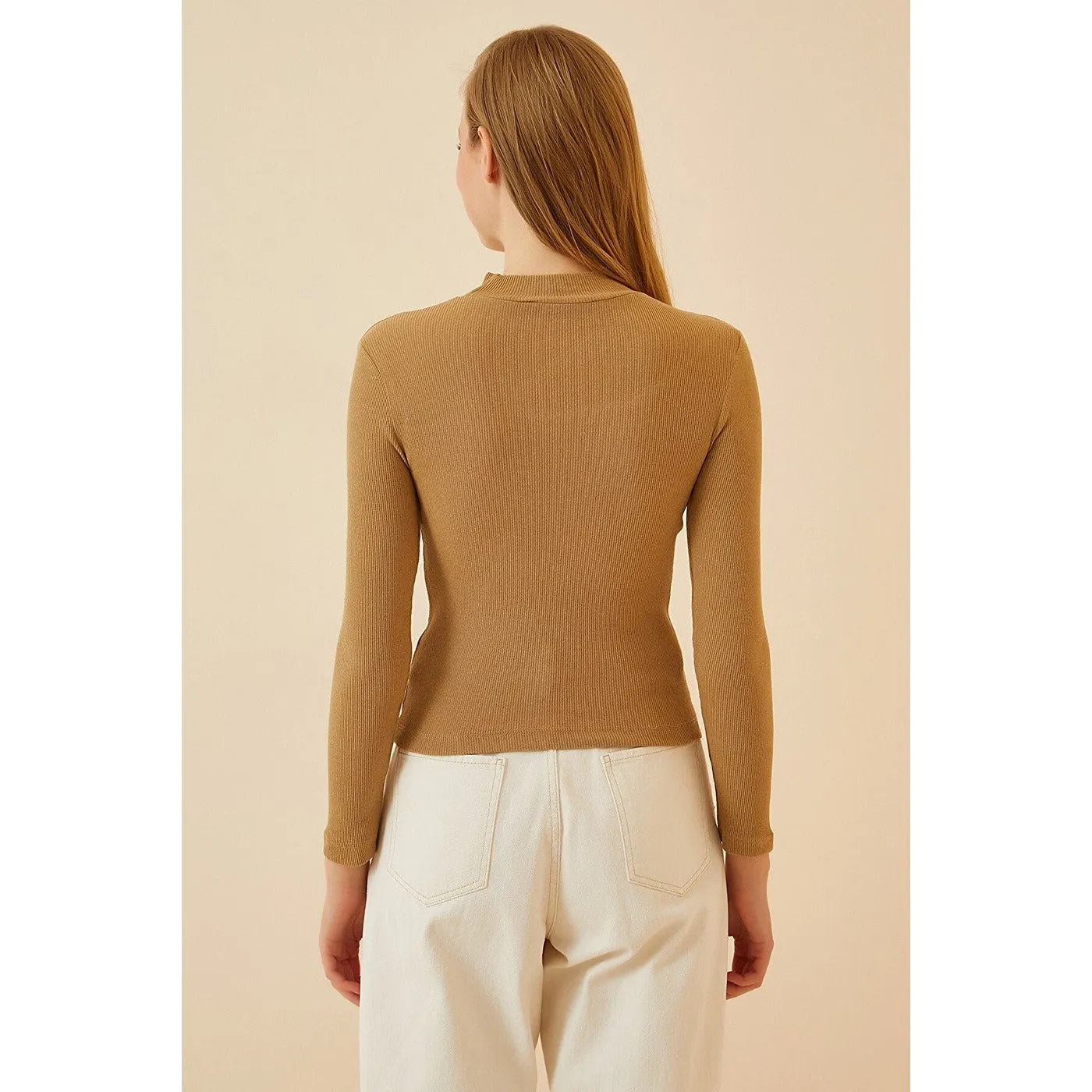 Beige Cut Out Detailed Ribbed Knitted Blouse
