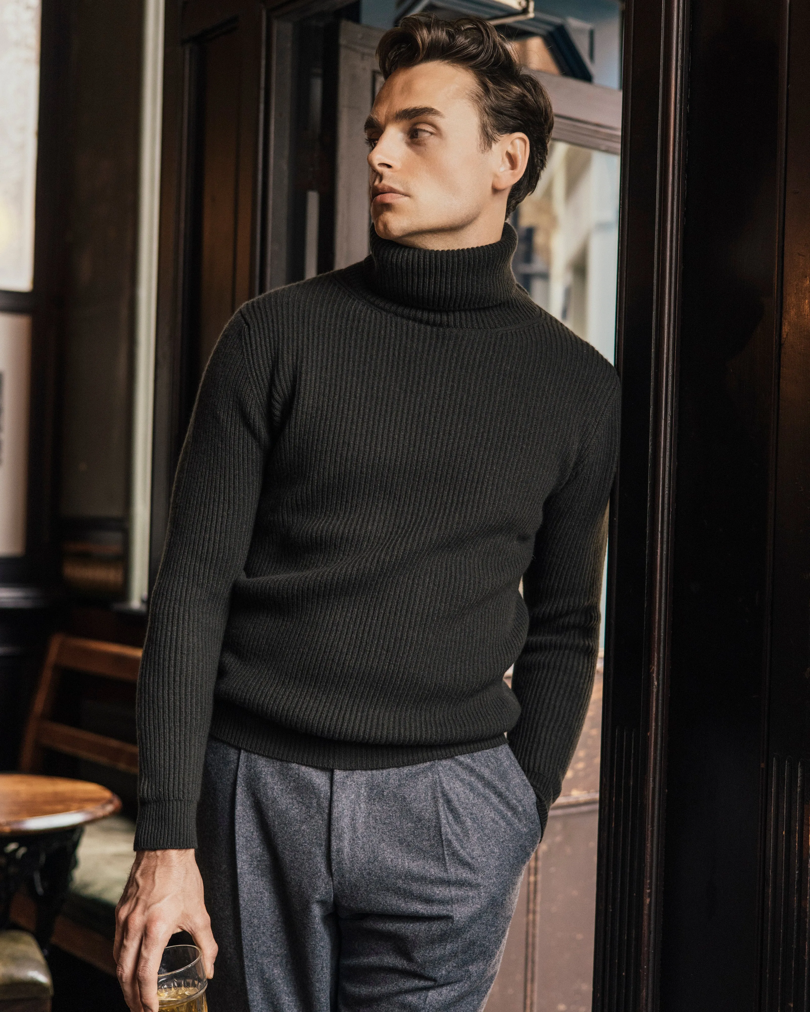 Cashmere ribbed submariner rollneck in dark olive