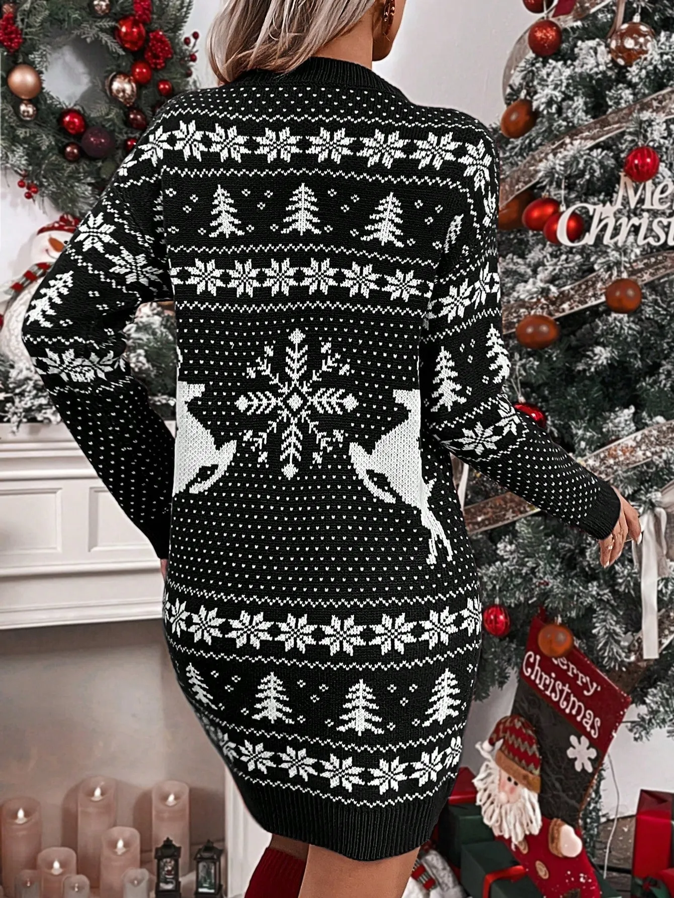 Christmas Pattern Drop Shoulder Sweater Dress