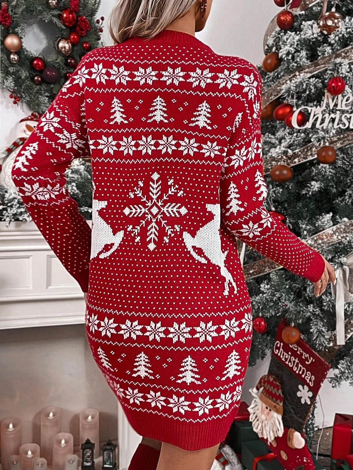 Christmas Pattern Drop Shoulder Sweater Dress