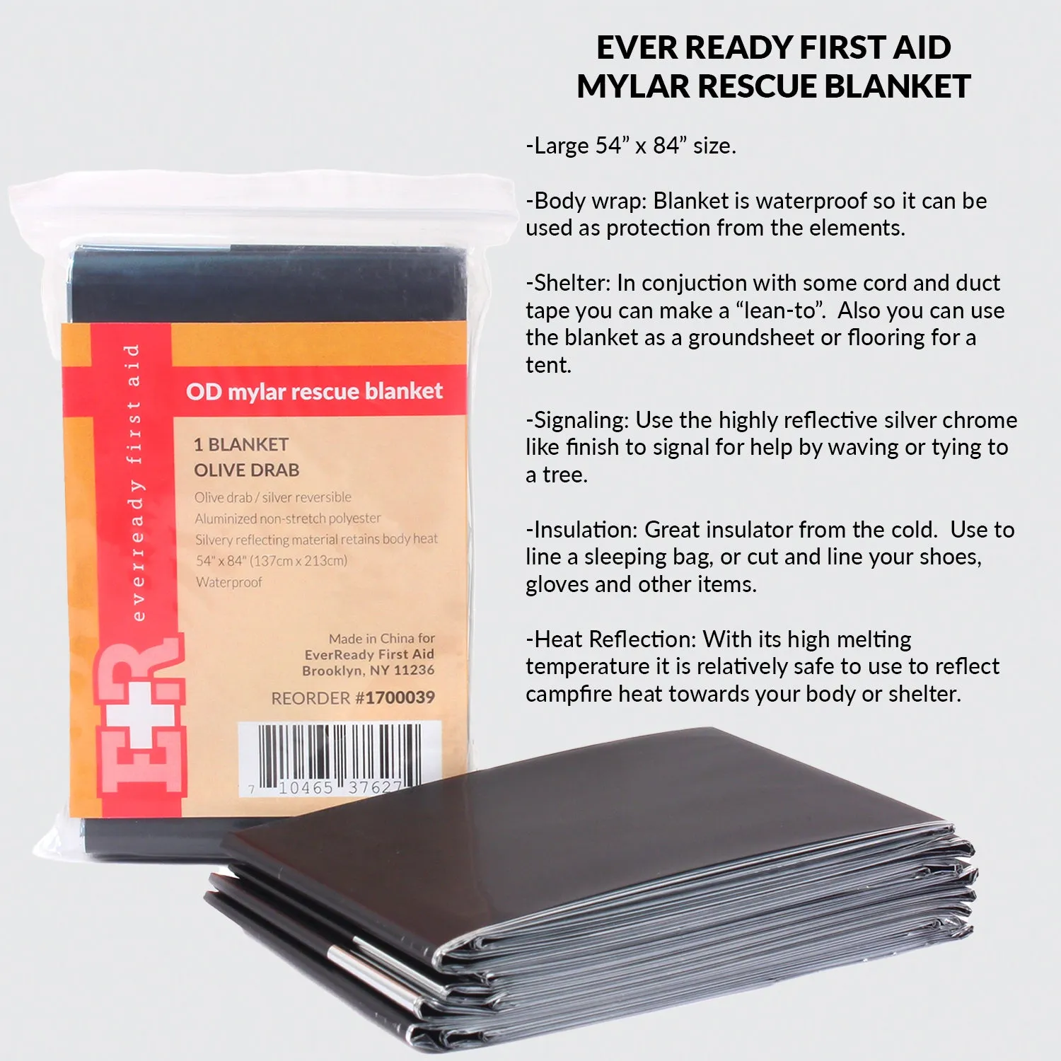 Ever Ready First Aid Emergency Space Mylar Survival Blankets 52" x 84" Olive Drab