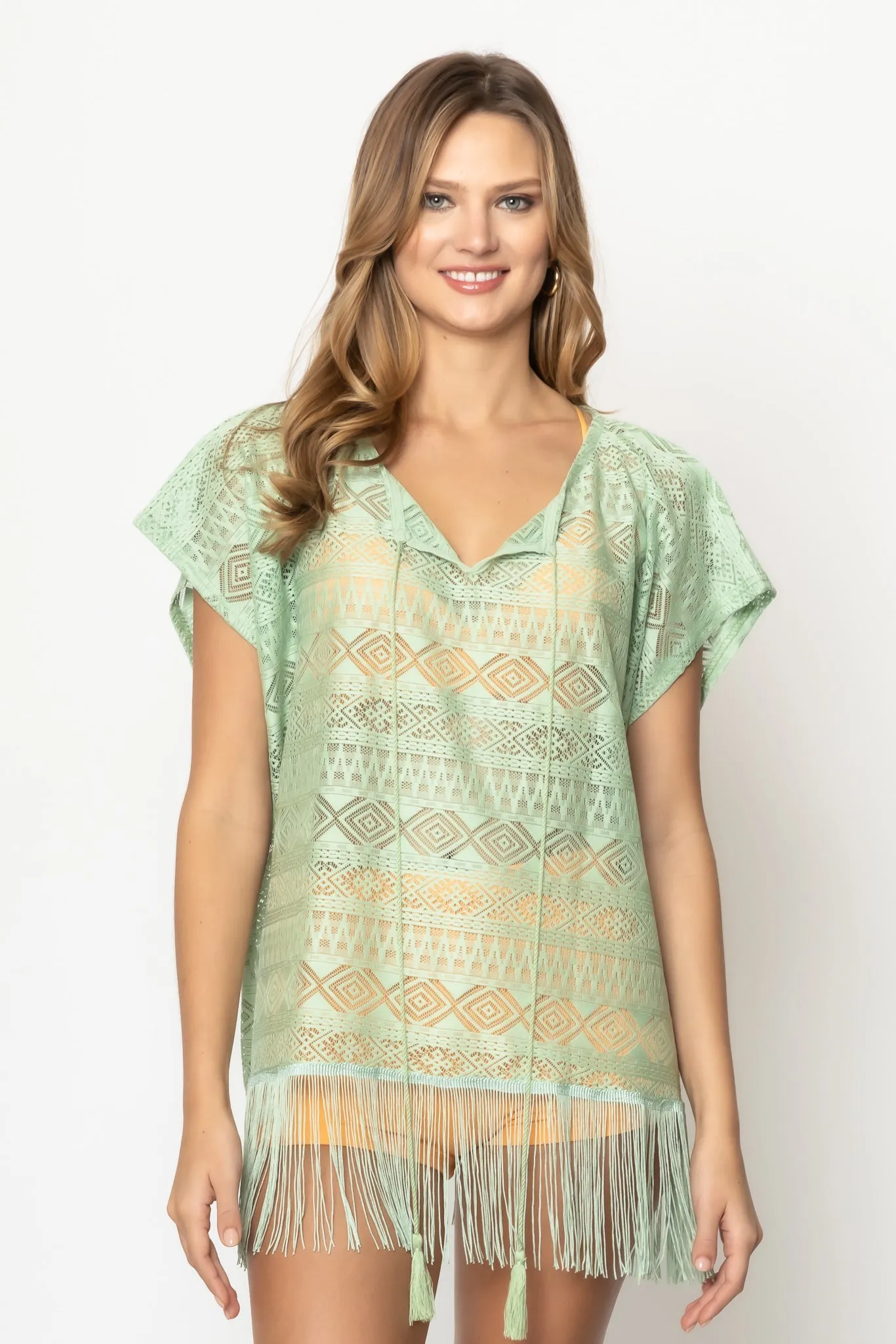 Geometric Lace Poncho With Fringe