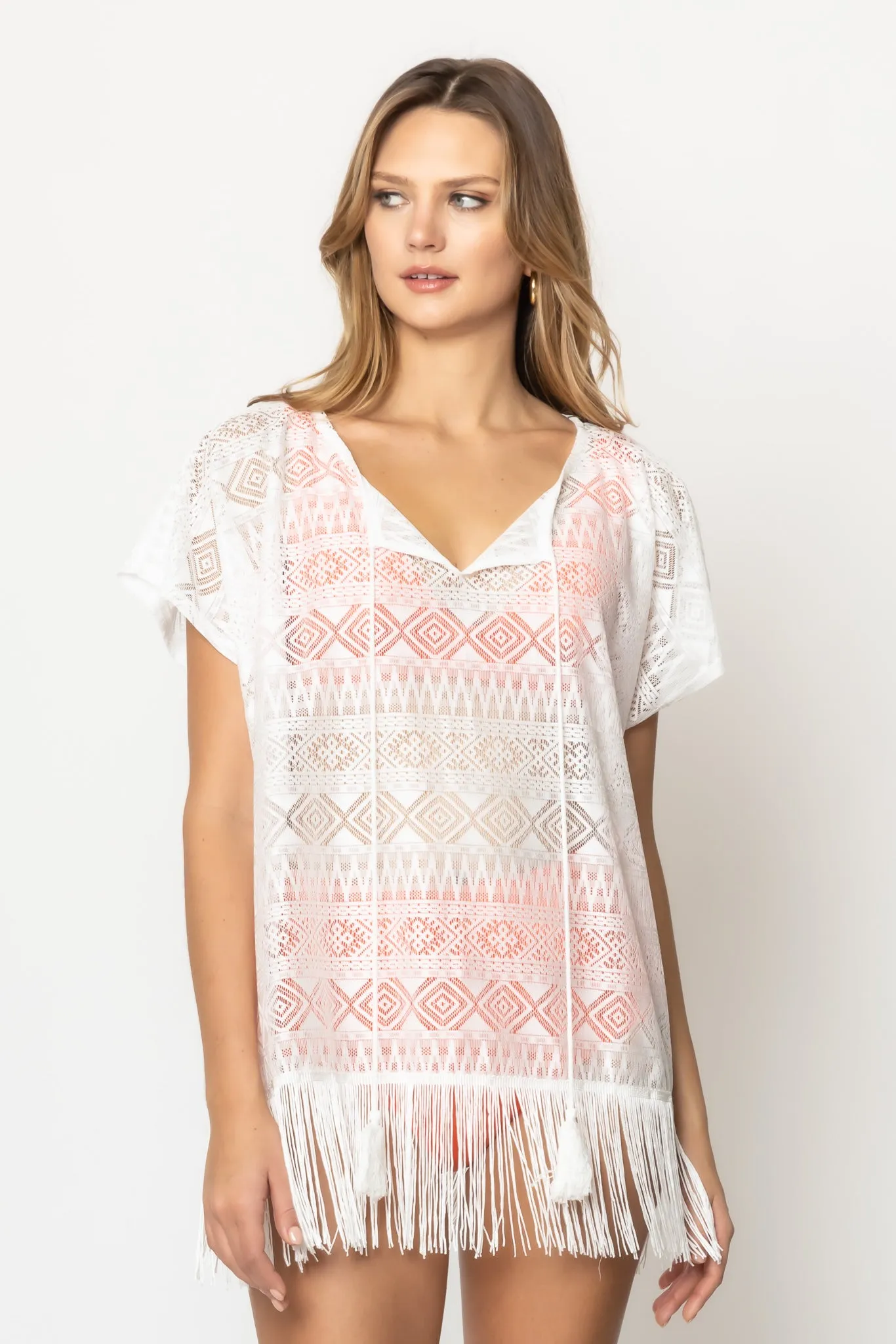 Geometric Lace Poncho With Fringe