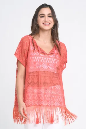 Geometric Lace Poncho With Fringe
