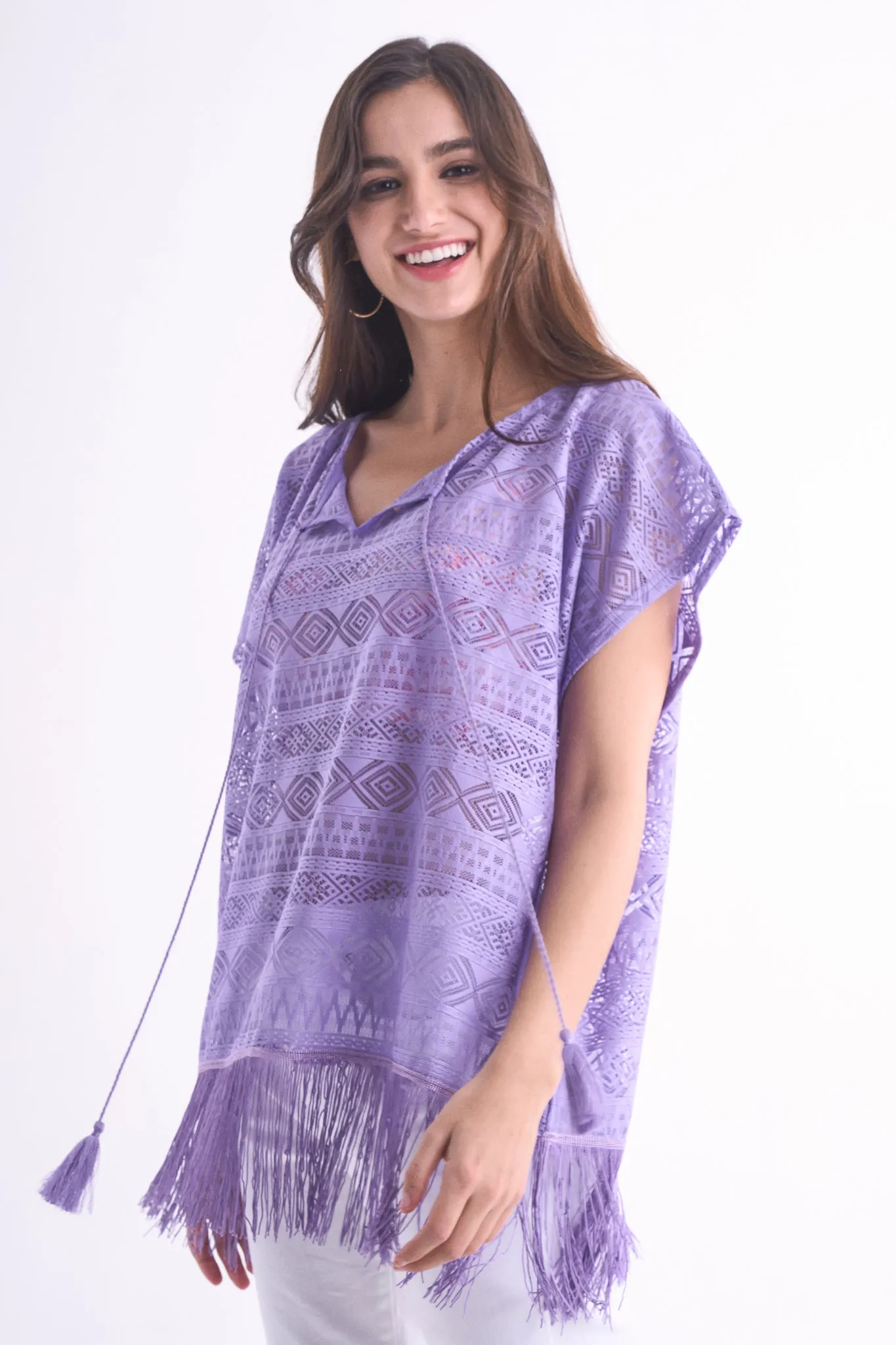 Geometric Lace Poncho With Fringe