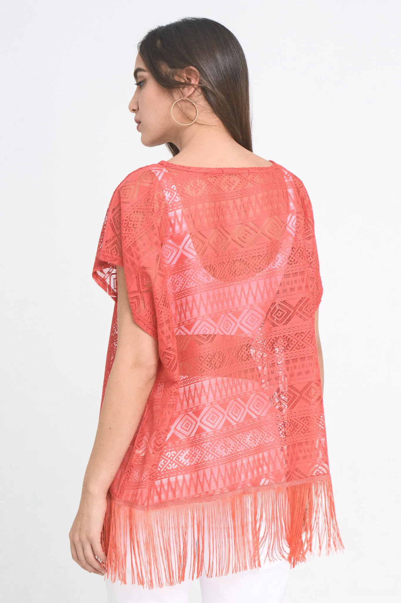 Geometric Lace Poncho With Fringe