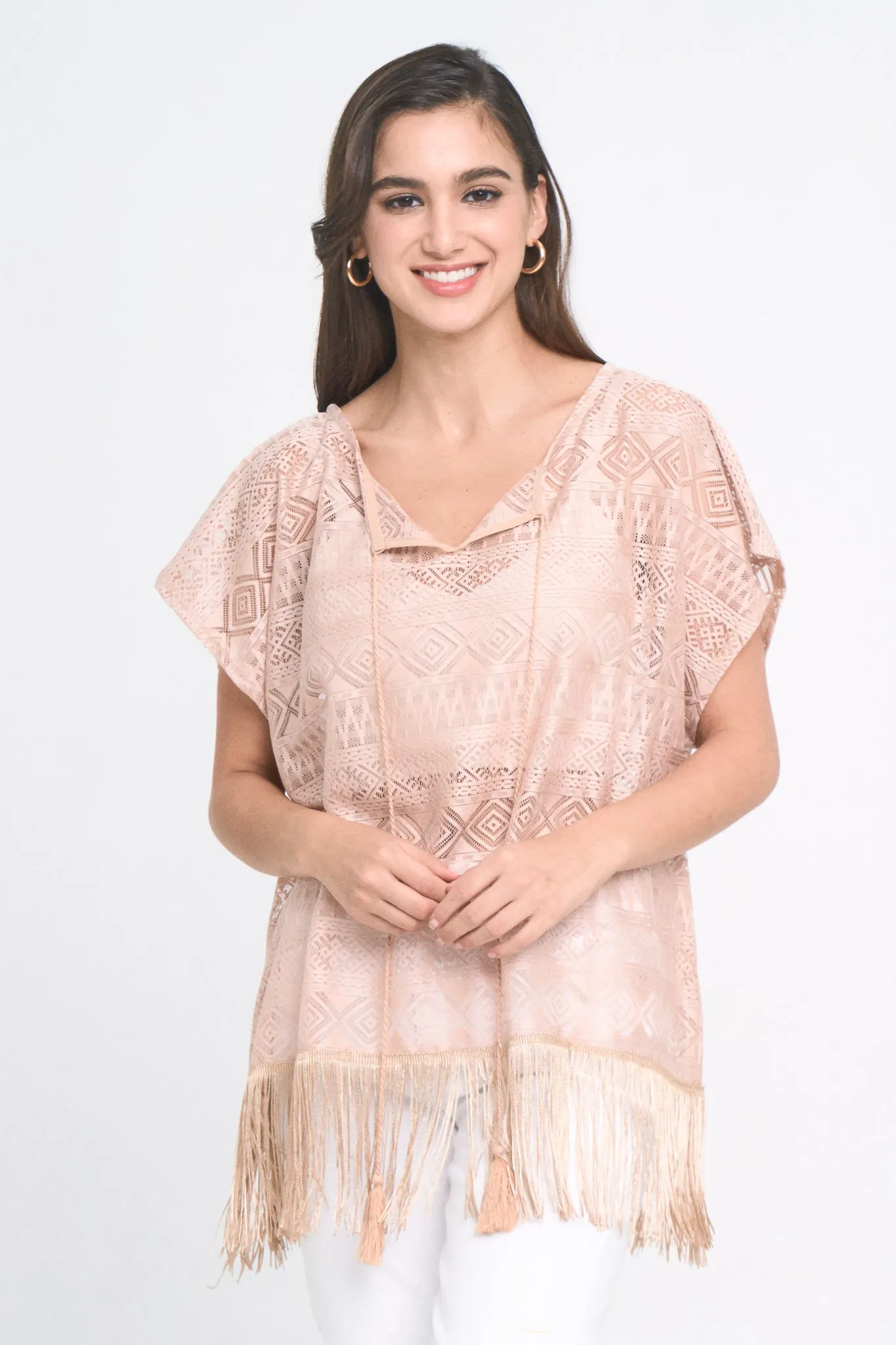 Geometric Lace Poncho With Fringe