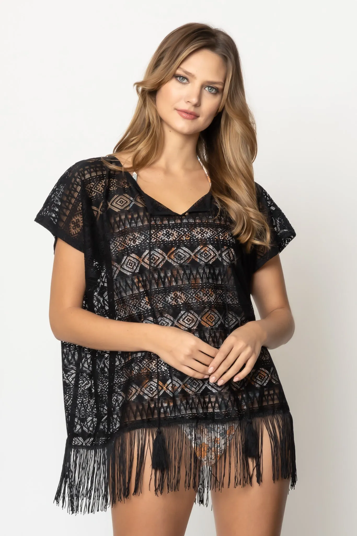 Geometric Lace Poncho With Fringe