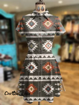Grey Vintage Aztec Diamond Art Print 100% Cotton Casual Short Sleeve Shirt Dress