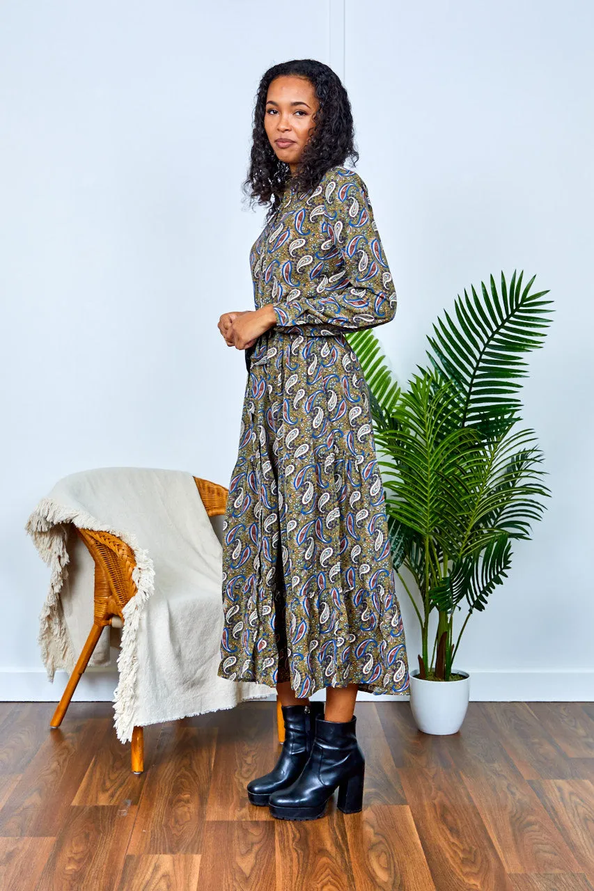 Kelli Khaki Paisley Printed Shirt Dress
