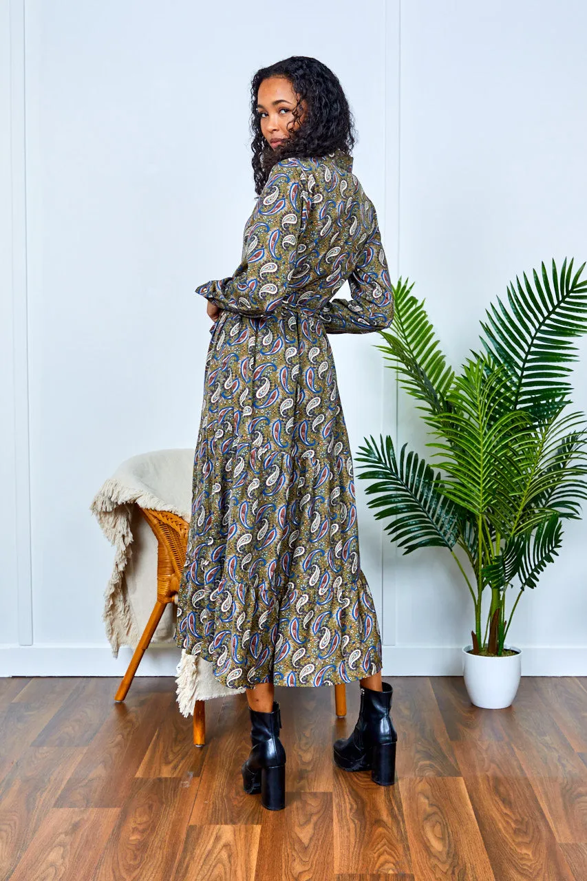 Kelli Khaki Paisley Printed Shirt Dress