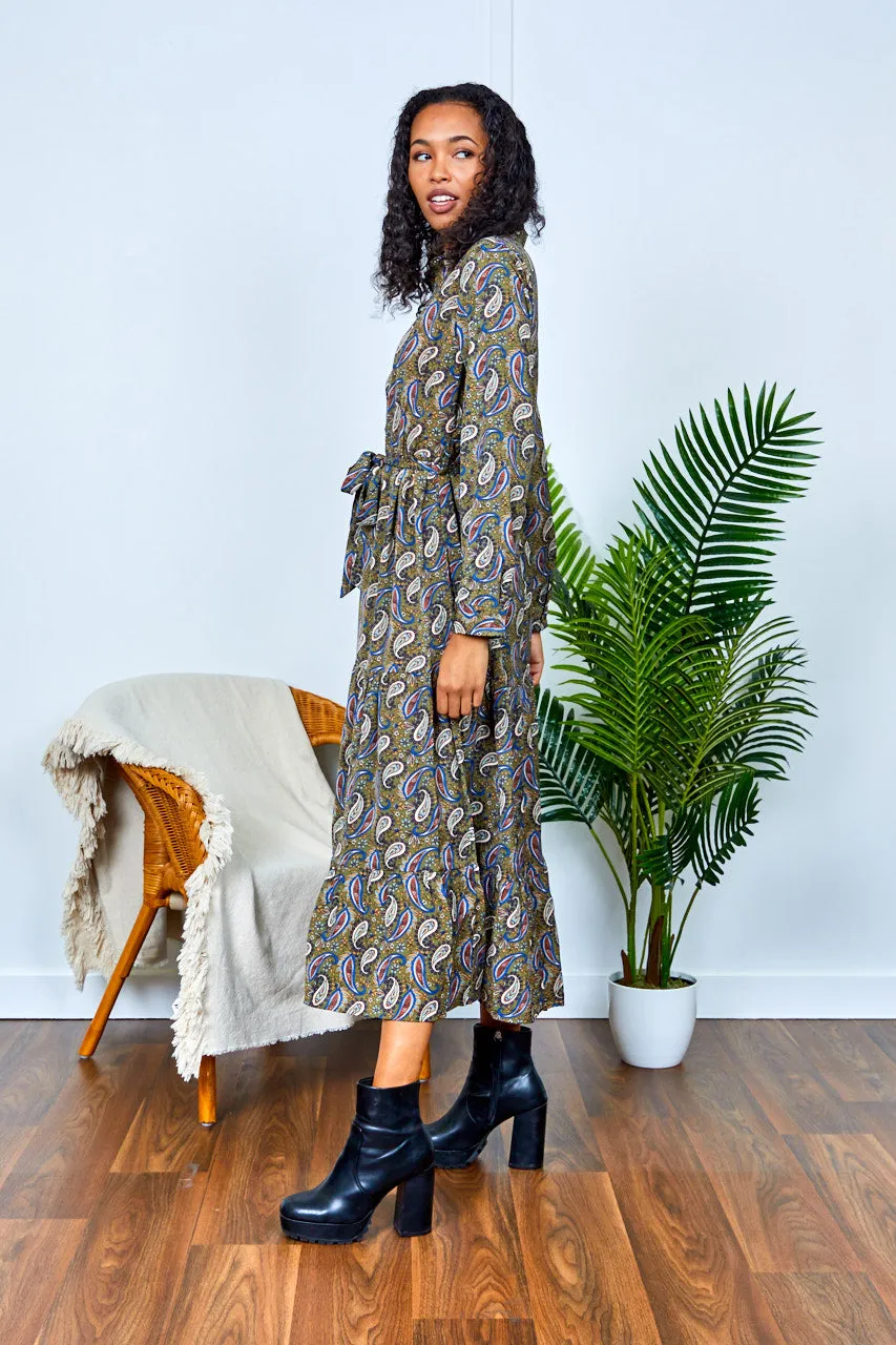 Kelli Khaki Paisley Printed Shirt Dress