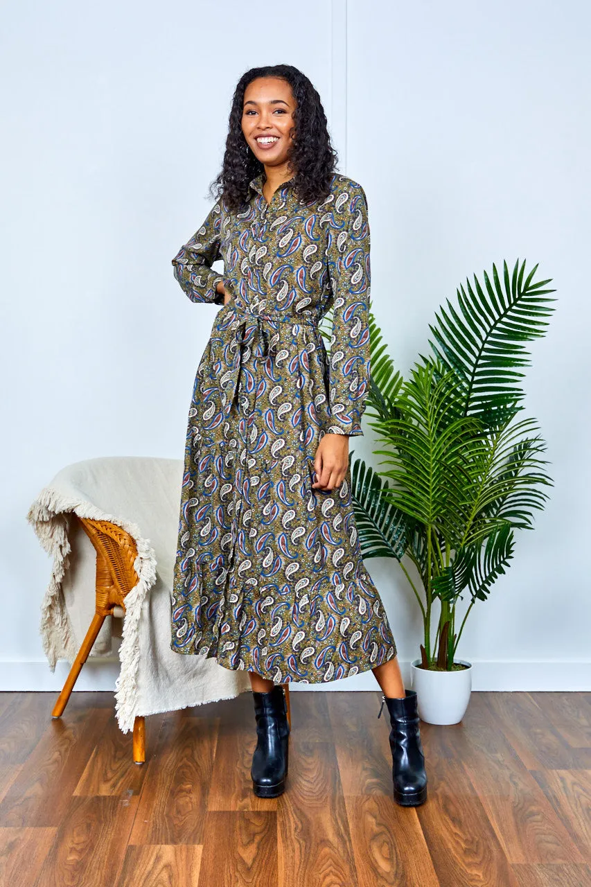 Kelli Khaki Paisley Printed Shirt Dress