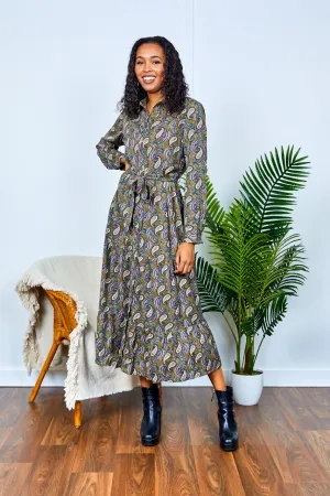 Kelli Khaki Paisley Printed Shirt Dress