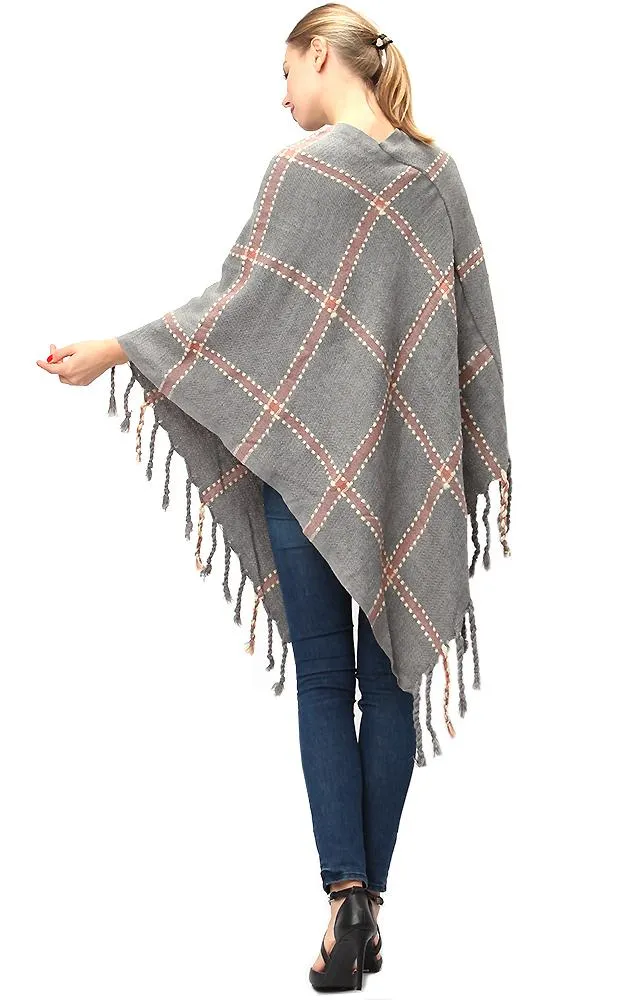 LF575 Plaid Poncho with Fringe
