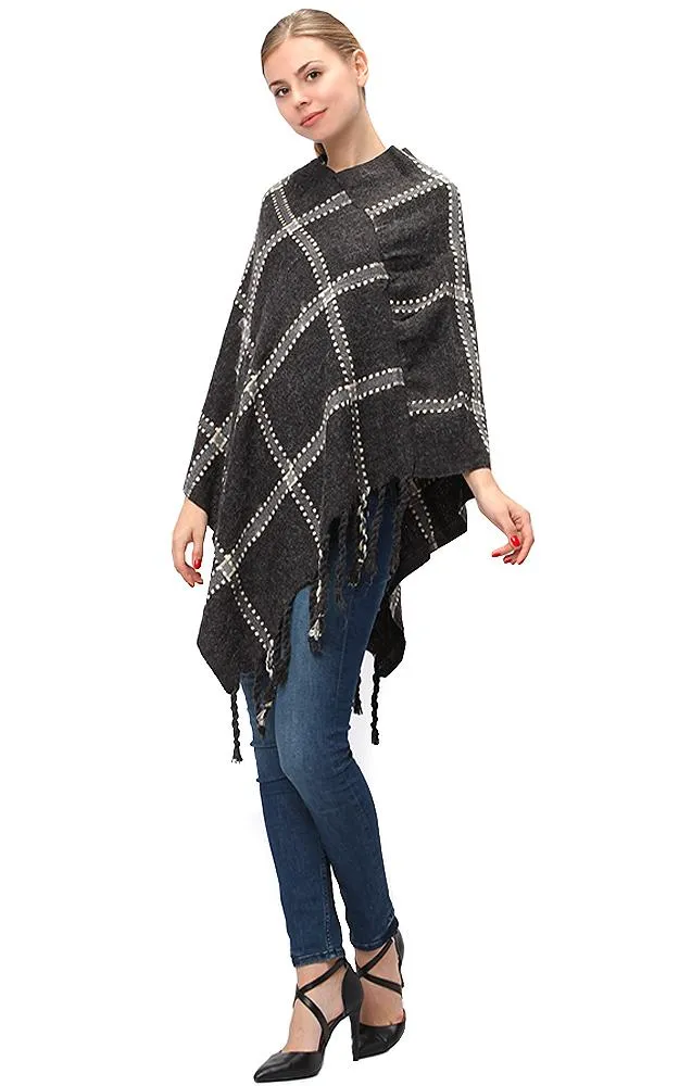 LF575 Plaid Poncho with Fringe