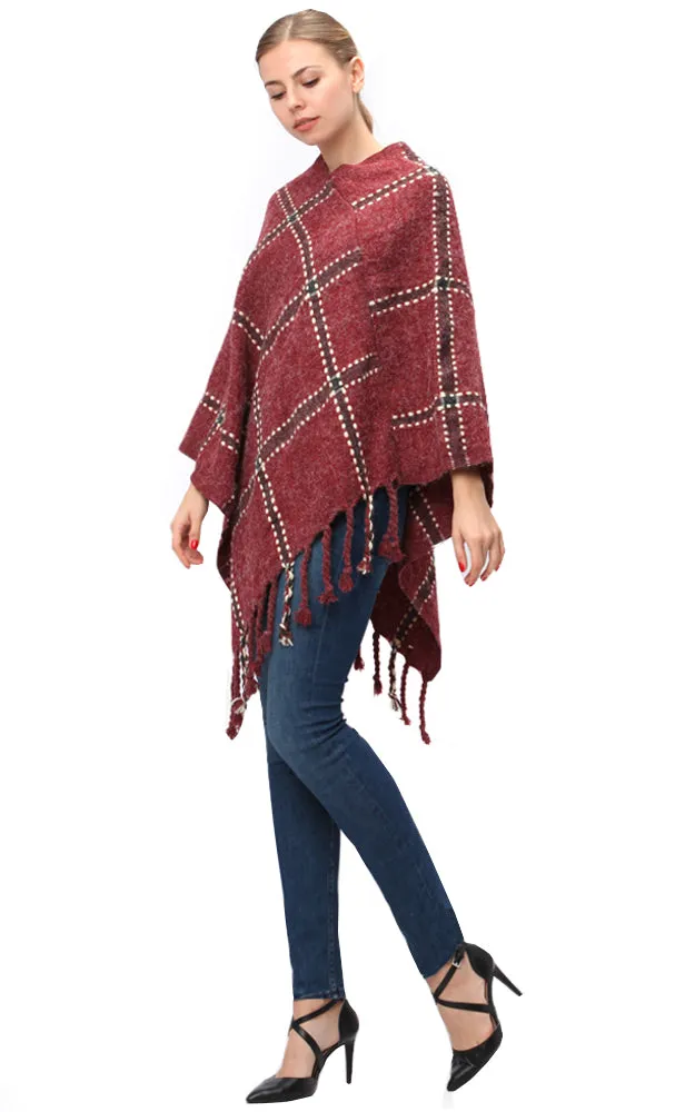 LF575 Plaid Poncho with Fringe