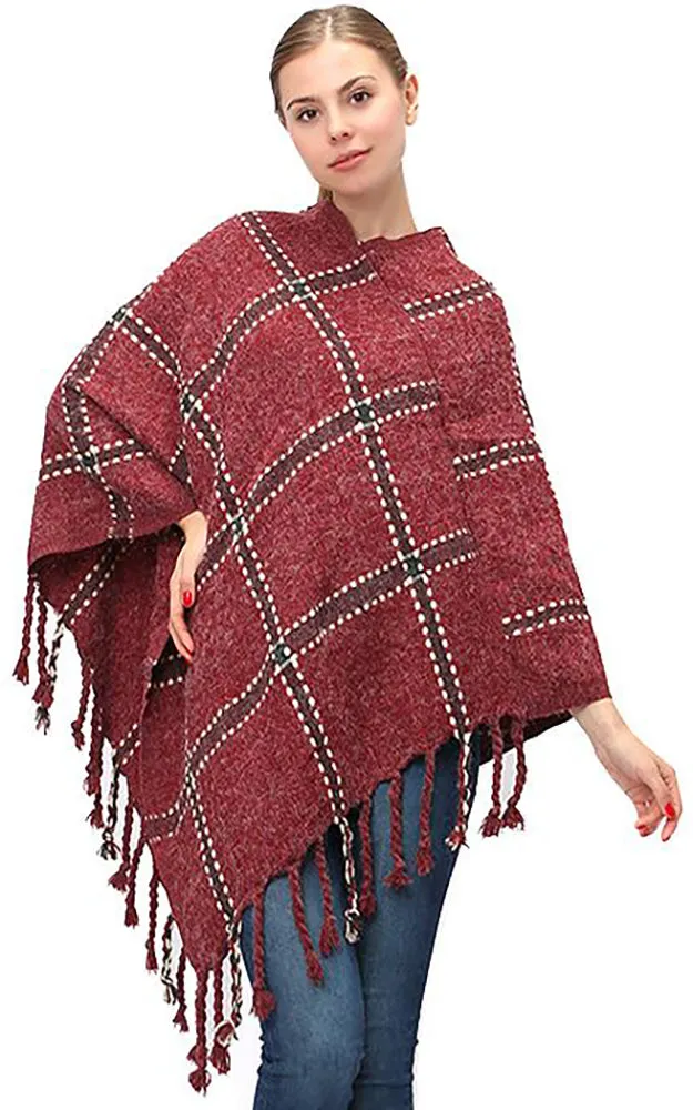 LF575 Plaid Poncho with Fringe