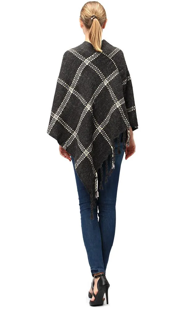 LF575 Plaid Poncho with Fringe