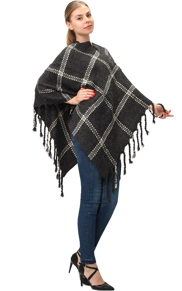 LF575 Plaid Poncho with Fringe