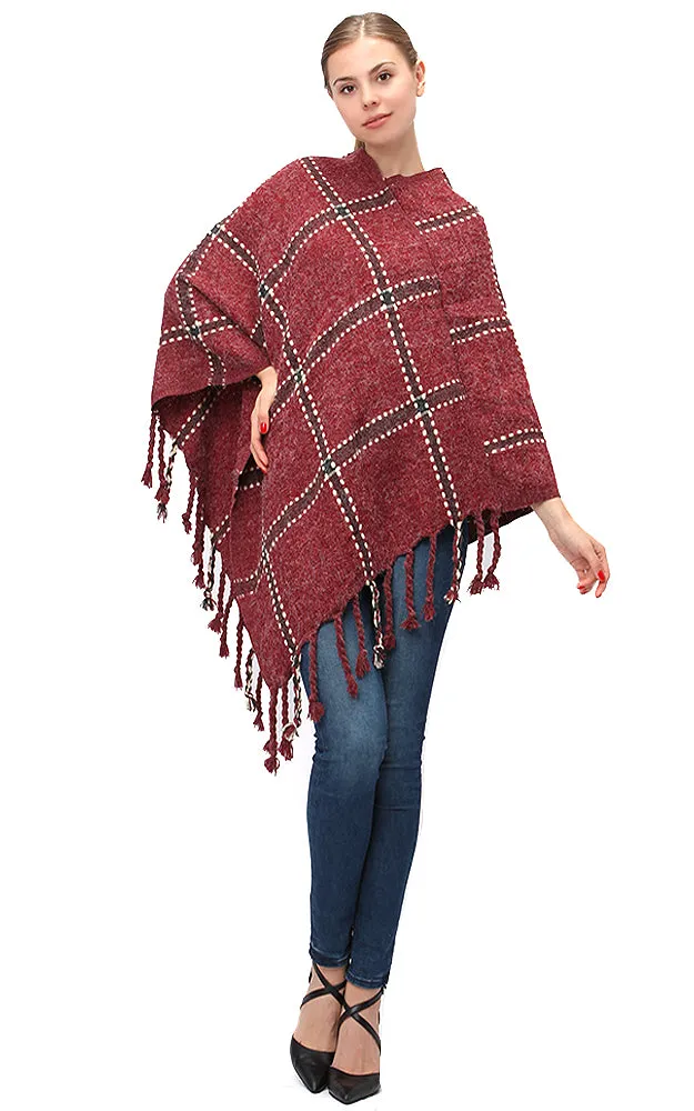 LF575 Plaid Poncho with Fringe