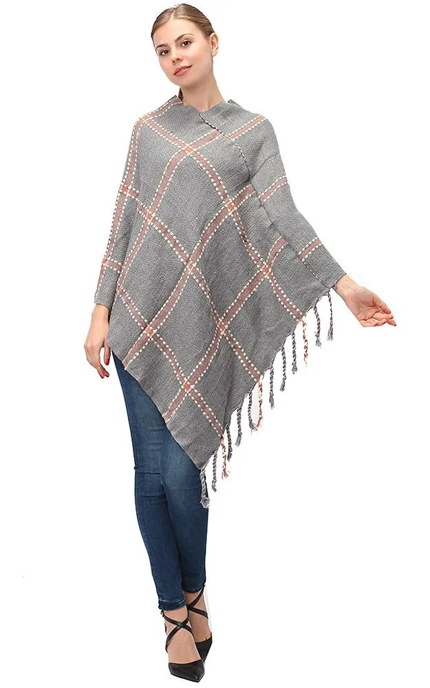 LF575 Plaid Poncho with Fringe