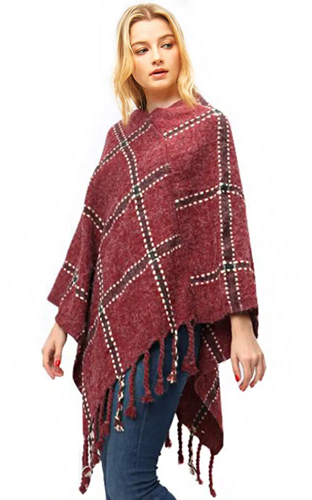 LF575 Plaid Poncho with Fringe