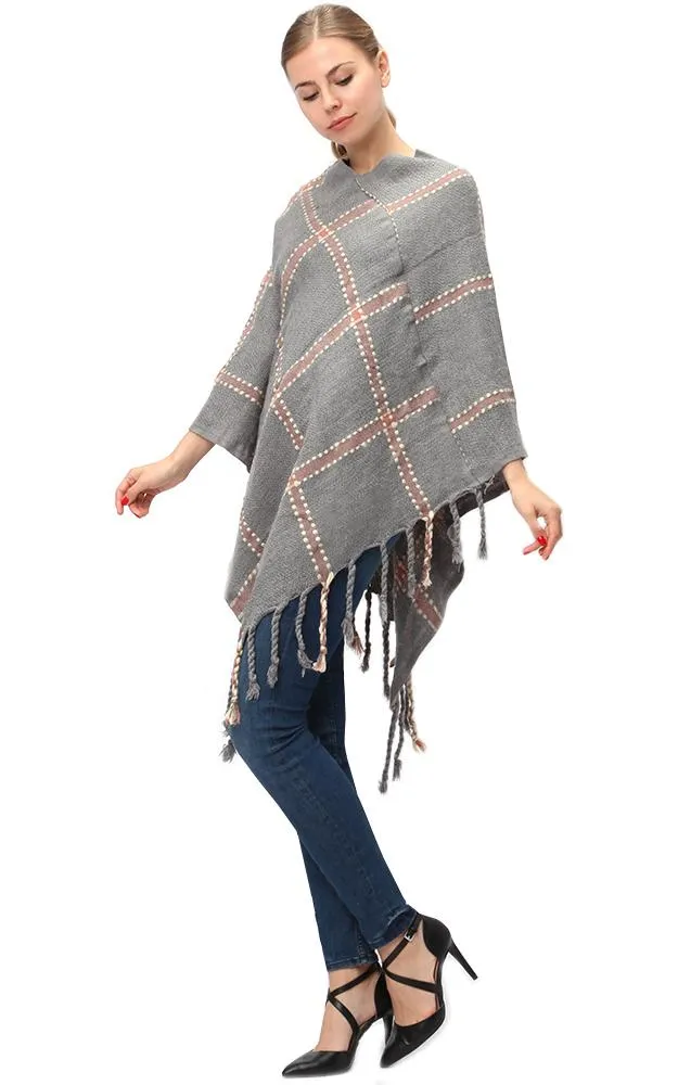 LF575 Plaid Poncho with Fringe