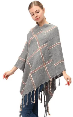 LF575 Plaid Poncho with Fringe