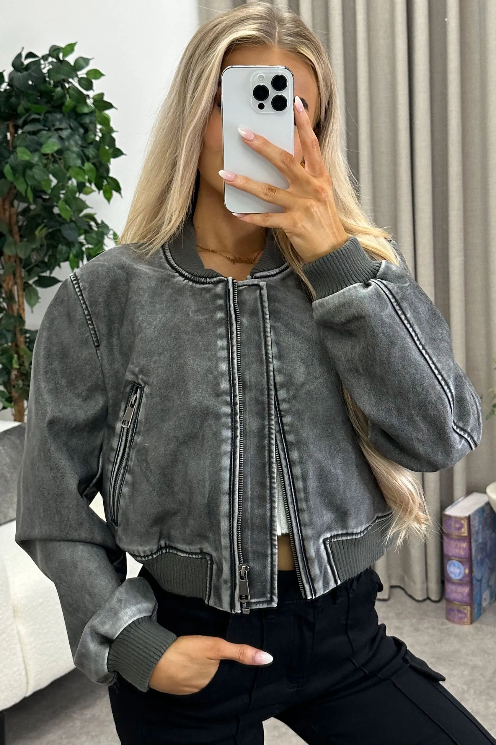 Livvy Black Washed Faux Leather PU Cropped Bomber Jacket