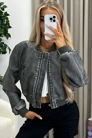 Livvy Black Washed Faux Leather PU Cropped Bomber Jacket