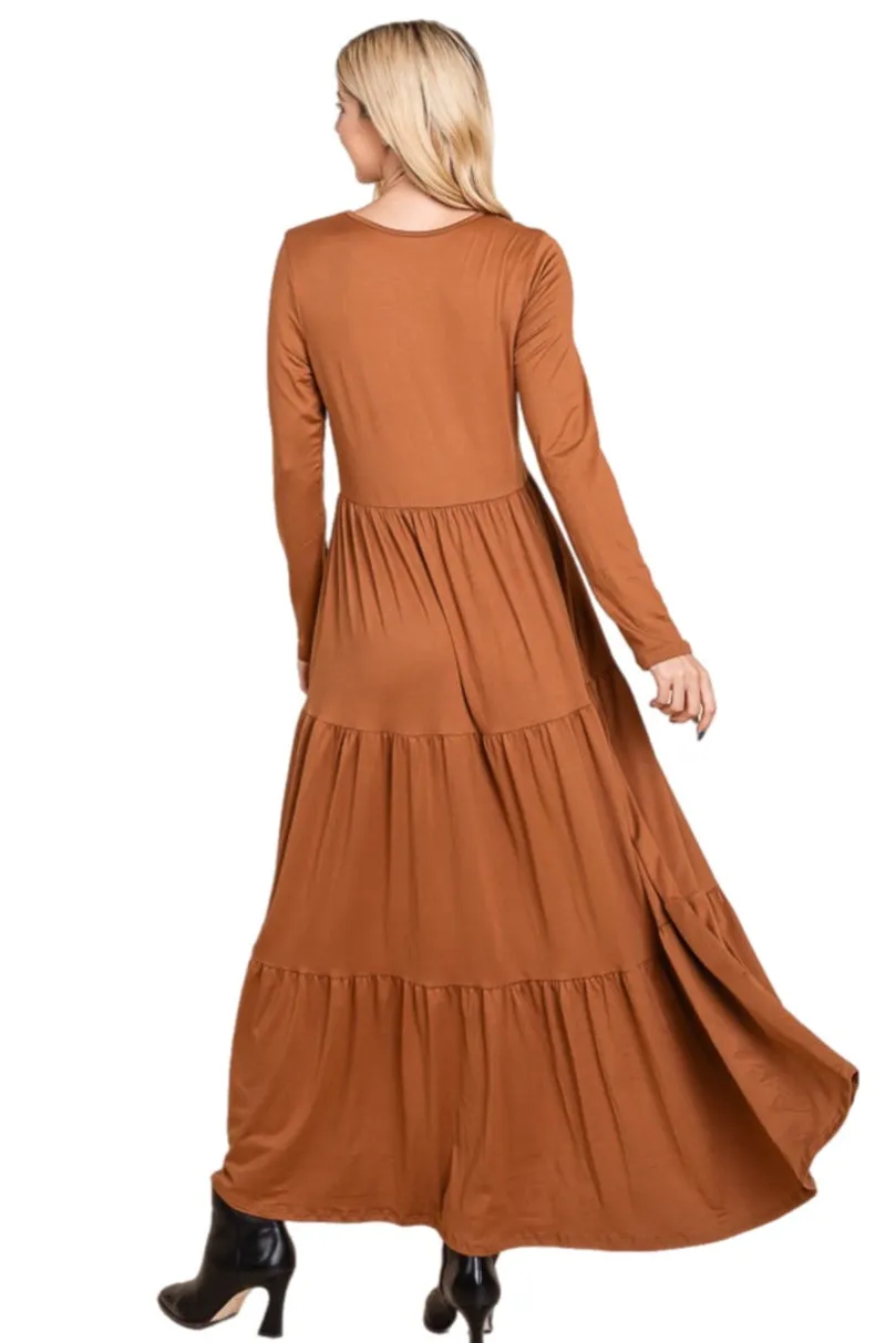 Long Sleeve Maxi Dress Style 1240 in Camel or Olive