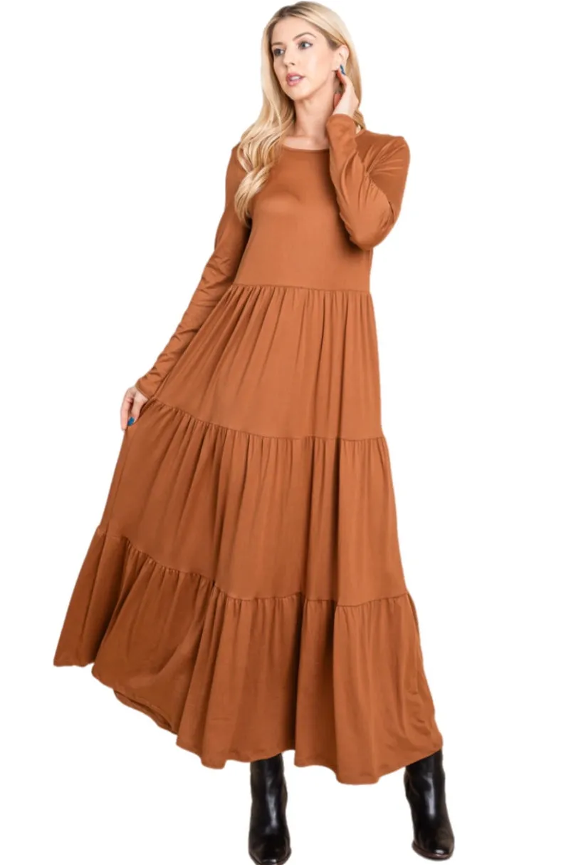 Long Sleeve Maxi Dress Style 1240 in Camel or Olive