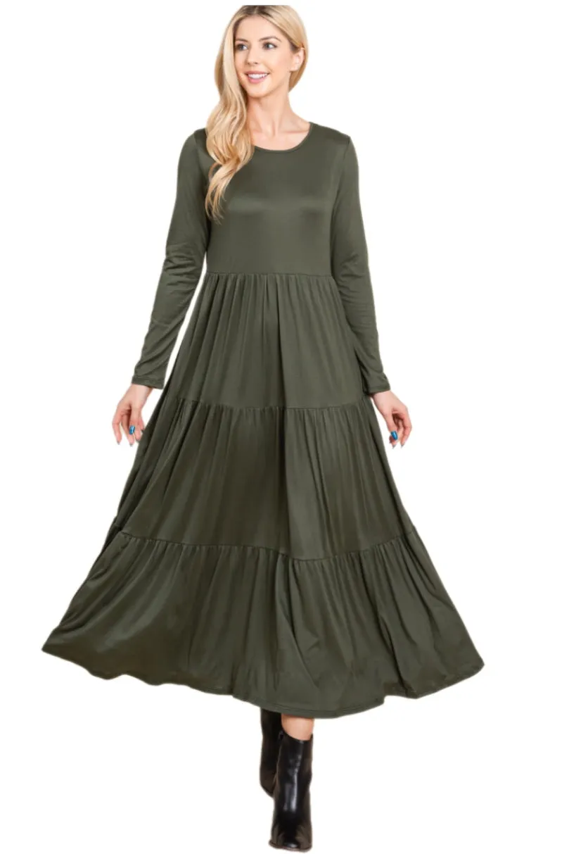 Long Sleeve Maxi Dress Style 1240 in Camel or Olive
