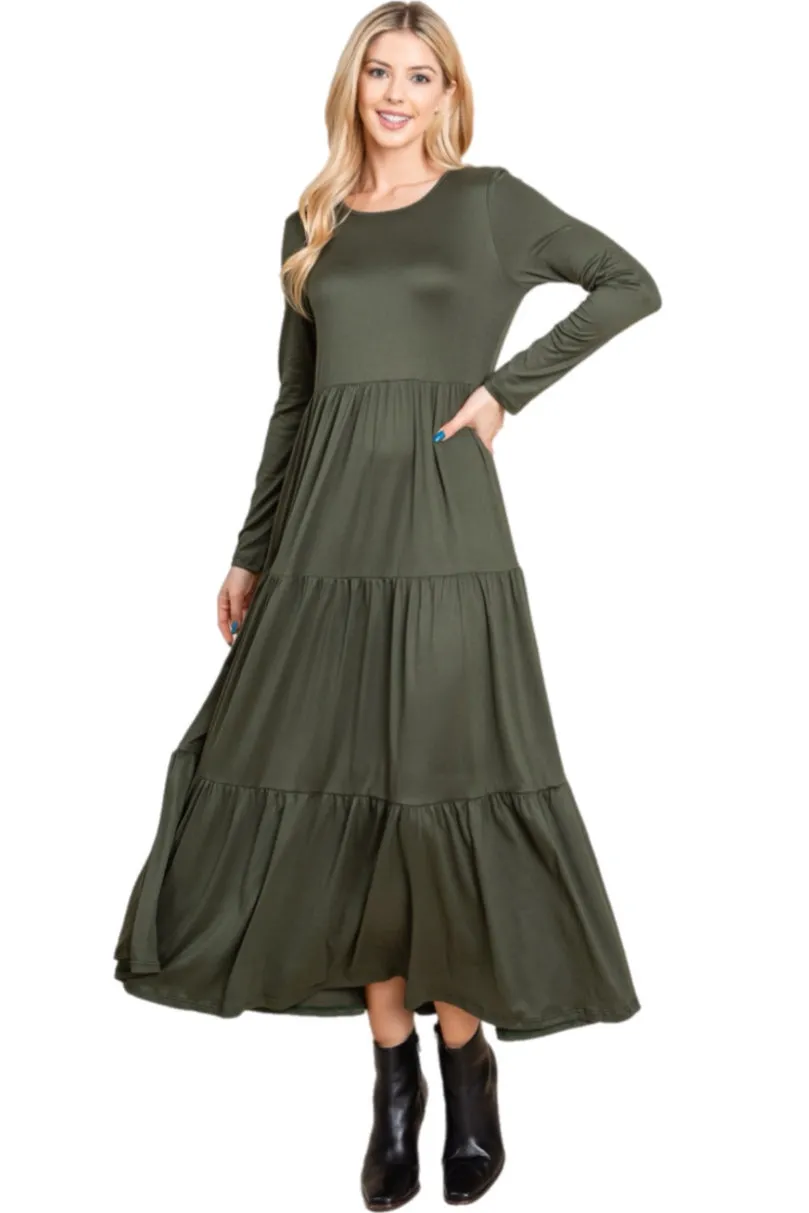 Long Sleeve Maxi Dress Style 1240 in Camel or Olive