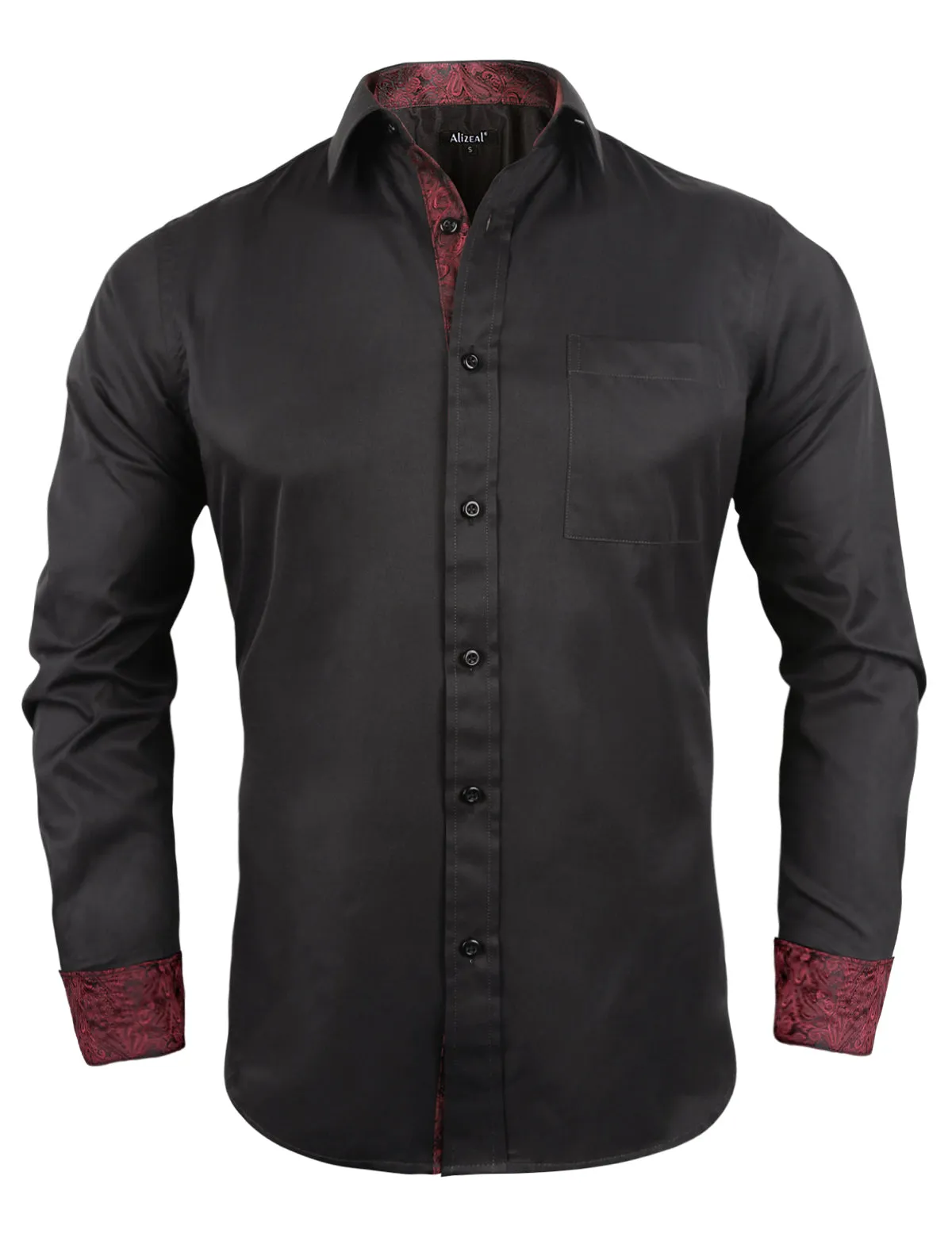 Men's Business Slim Fit Dress Shirt Long Sleeve Patchwork Button-Down Shirt, 004-Black Maroon