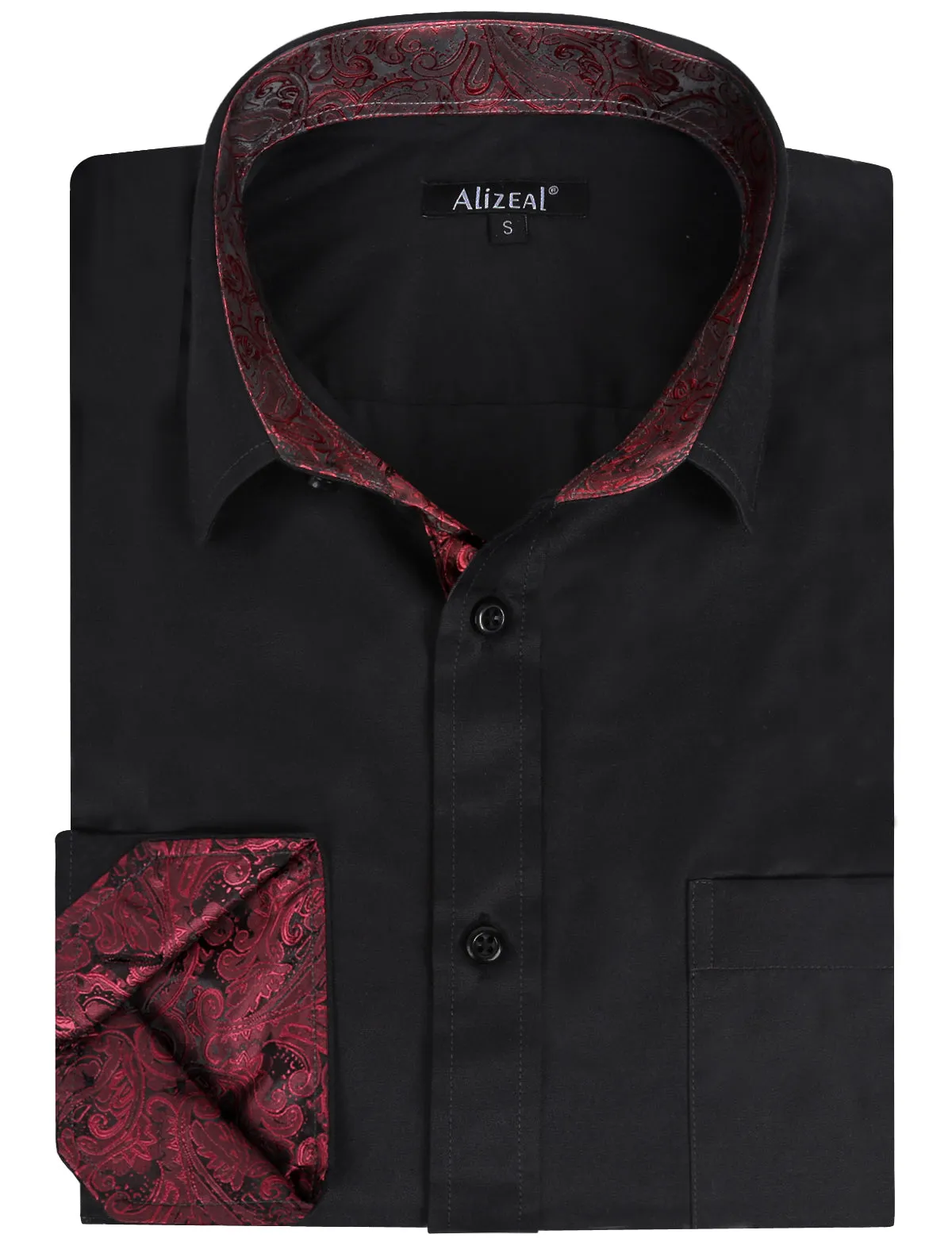 Men's Business Slim Fit Dress Shirt Long Sleeve Patchwork Button-Down Shirt, 004-Black Maroon