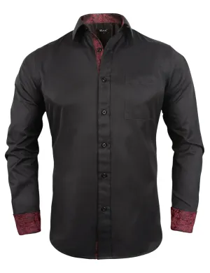 Men's Business Slim Fit Dress Shirt Long Sleeve Patchwork Button-Down Shirt, 004-Black Maroon