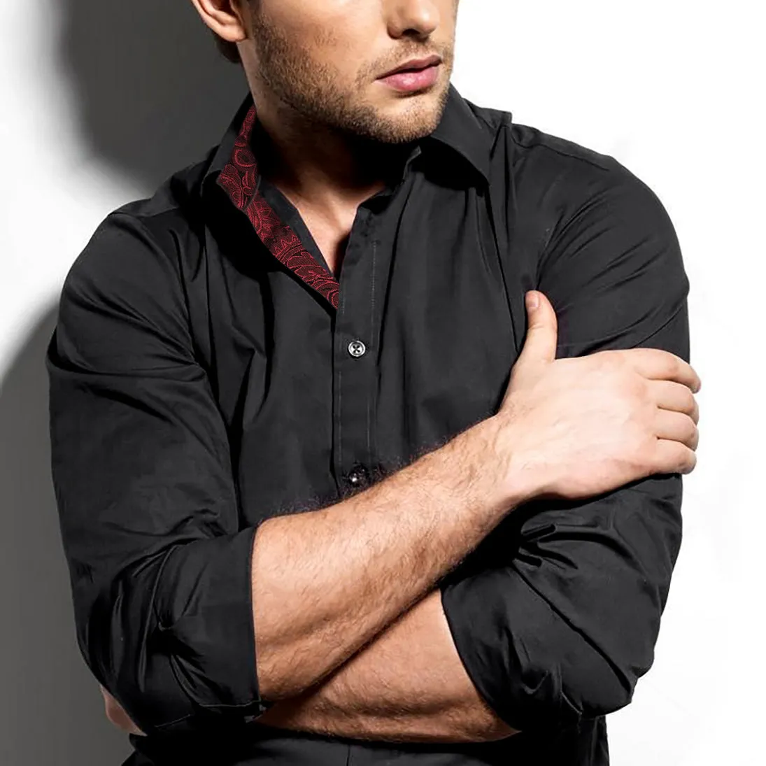 Men's Business Slim Fit Dress Shirt Long Sleeve Patchwork Button-Down Shirt, 004-Black Maroon