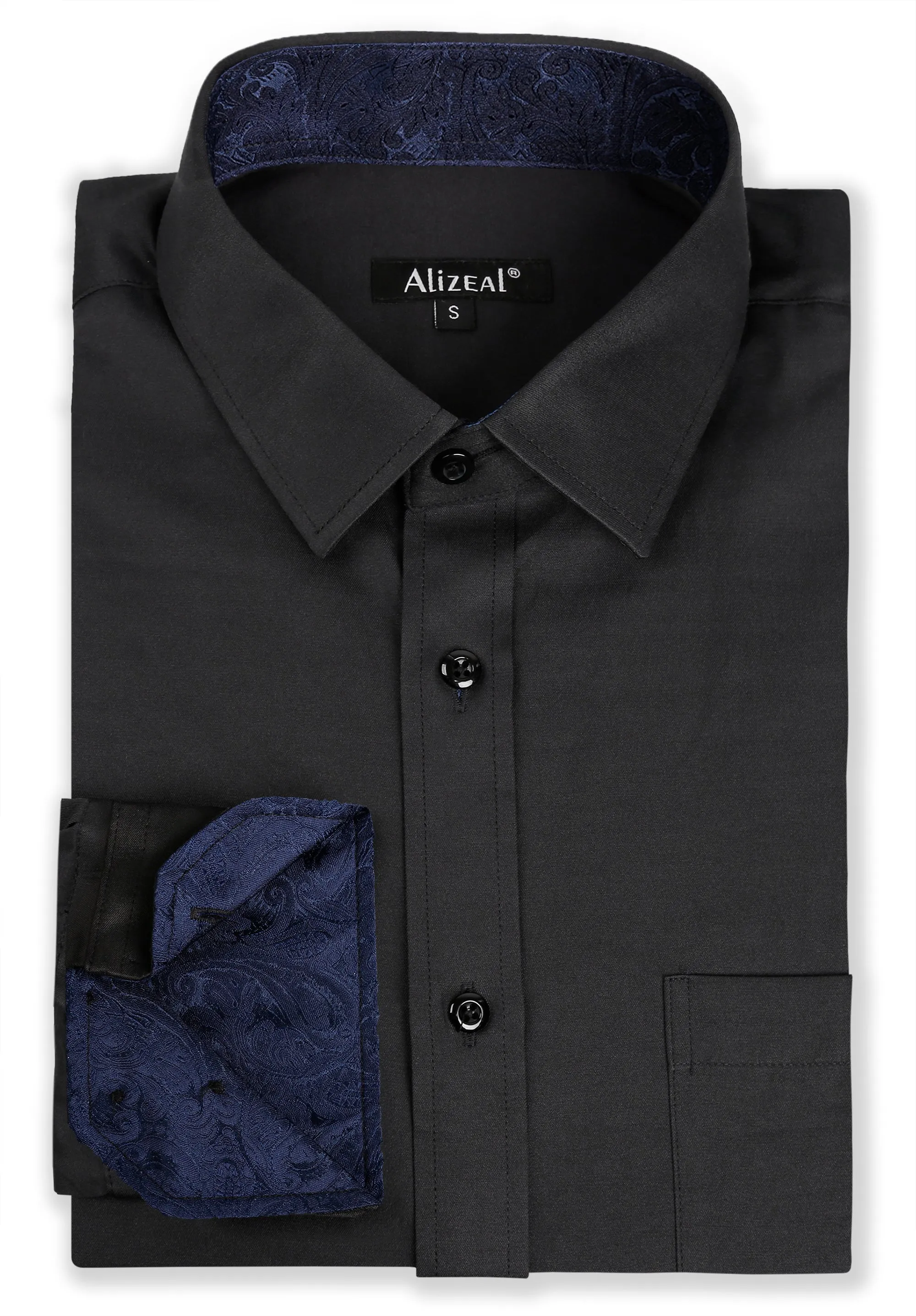 Men's Business Slim Fit Dress Shirt Long Sleeve Patchwork Button-Down Shirt, 004-Black Navy