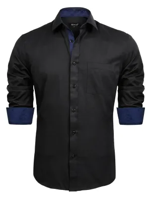 Men's Business Slim Fit Dress Shirt Long Sleeve Patchwork Button-Down Shirt, 004-Black Navy