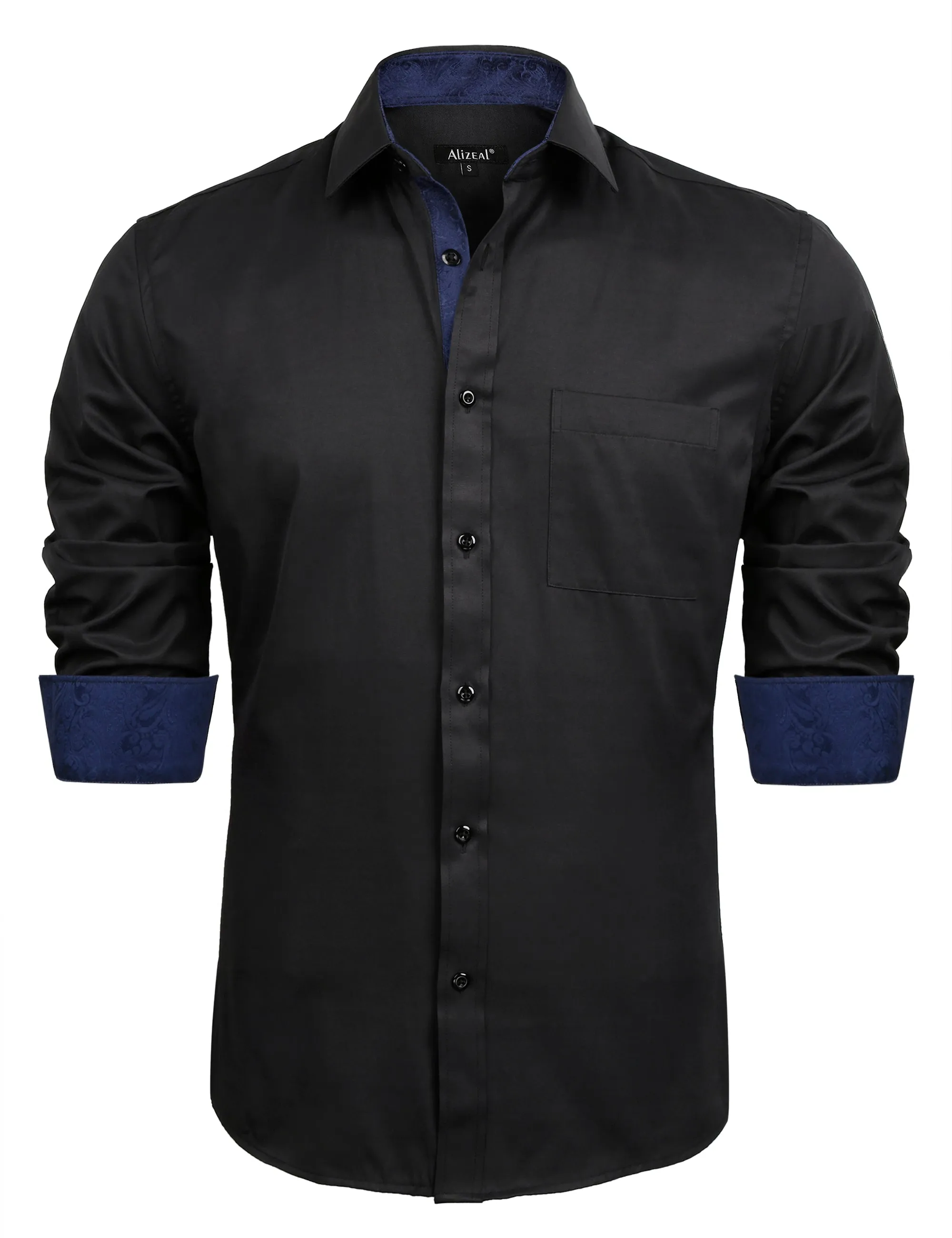 Men's Business Slim Fit Dress Shirt Long Sleeve Patchwork Button-Down Shirt, 004-Black Navy