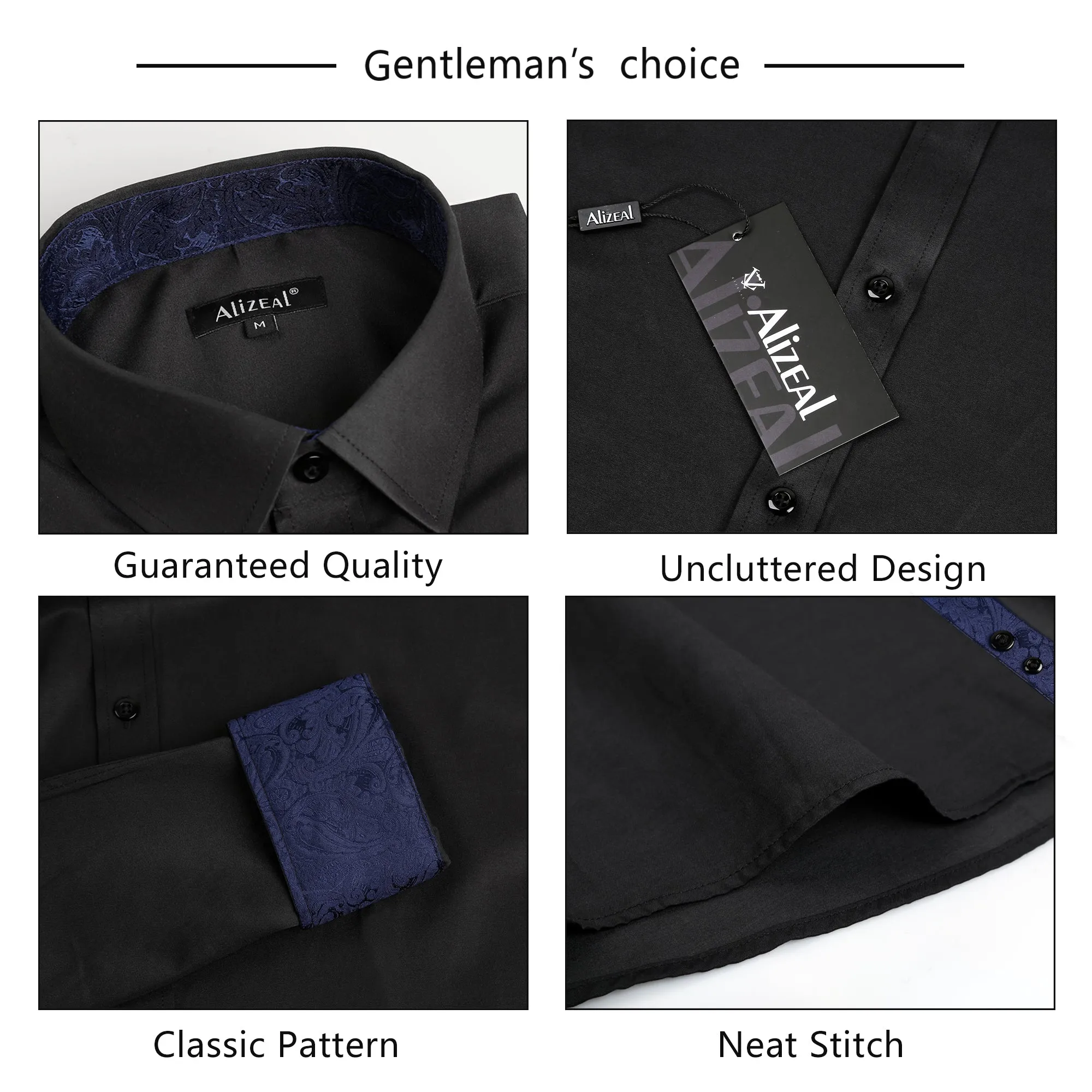 Men's Business Slim Fit Dress Shirt Long Sleeve Patchwork Button-Down Shirt, 004-Black Navy