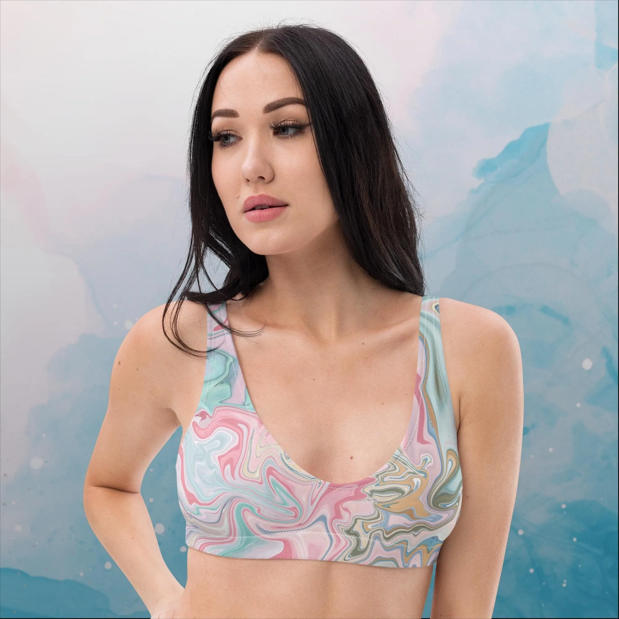 Pink and Mint Green Marbled Womens Recycled Padded Bikini Workout Bralette Top