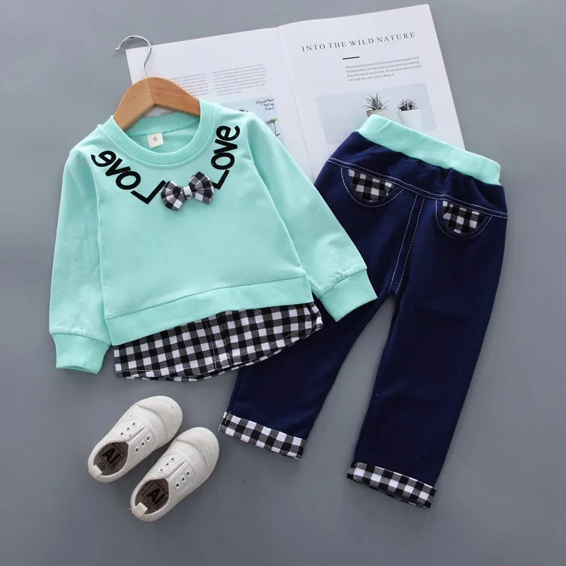 Plaid Letter Print Letter Print Design Sweater Suit For Kids