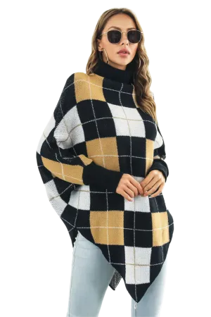 Plaid Turtleneck Dolman Sleeve Poncho