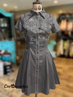Retro Gray Floral Print 100% Cotton Casual Short Sleeve Shirt Dress