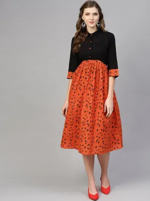 Women Black & Orange Printed A-Line Dress