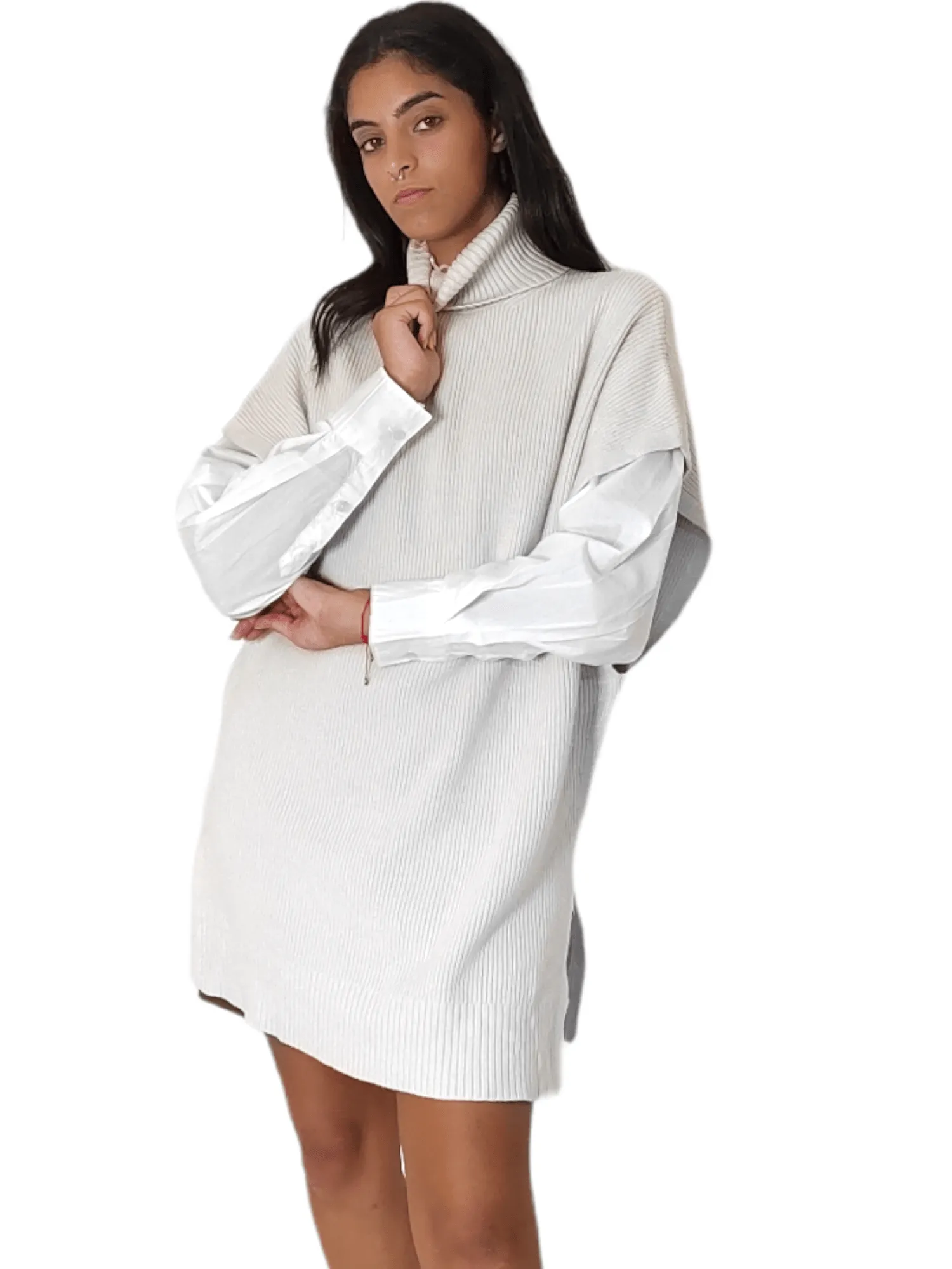 Women "LONG" High Collar Pullover - Light Beige